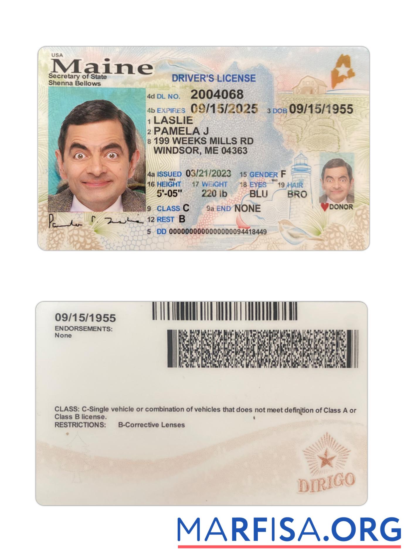Realistic USA Maine driving license 2023 present real example